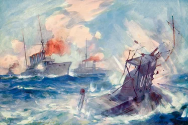 El hundimiento del submarino alemán SM U-15 tras ser embestido por el crucero ligero británico H.M.S. Birmingham, 9 de agosto de 1914 durante la Primera Guerra Mundial, de La Historia de la Gran Guerra, publicado c.1919